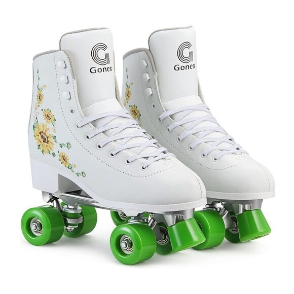 Gonex Roller Skates White Green Sunflowers 4 Wheels Double Row Leather Size 9 - Picture 1 of 9